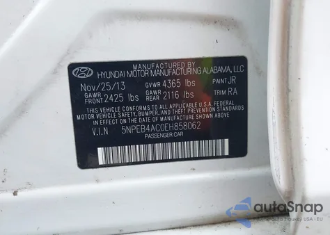 2014 Hyundai Sonata Gls из США, поврежденный, VIN 5NPEB4AC0EH858062